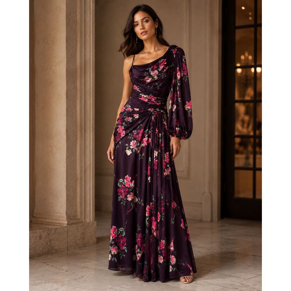 Ieena for Mac Duggal Women’s Size S One Shoulder Floral Ruched Maxi Dress Purple